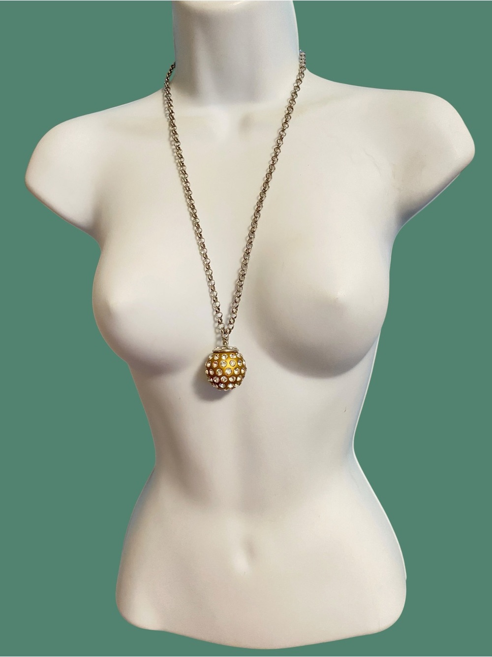 Gold Disco Ball With Rhinestones Pendant Silver Tone Chain Necklace - Picture 4 of 10